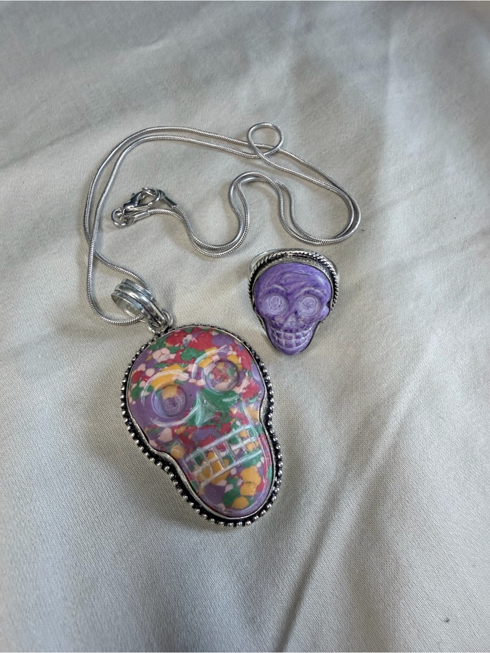 925 Handcrafted Balloon Jasper Skull Necklace & Charoite Ring